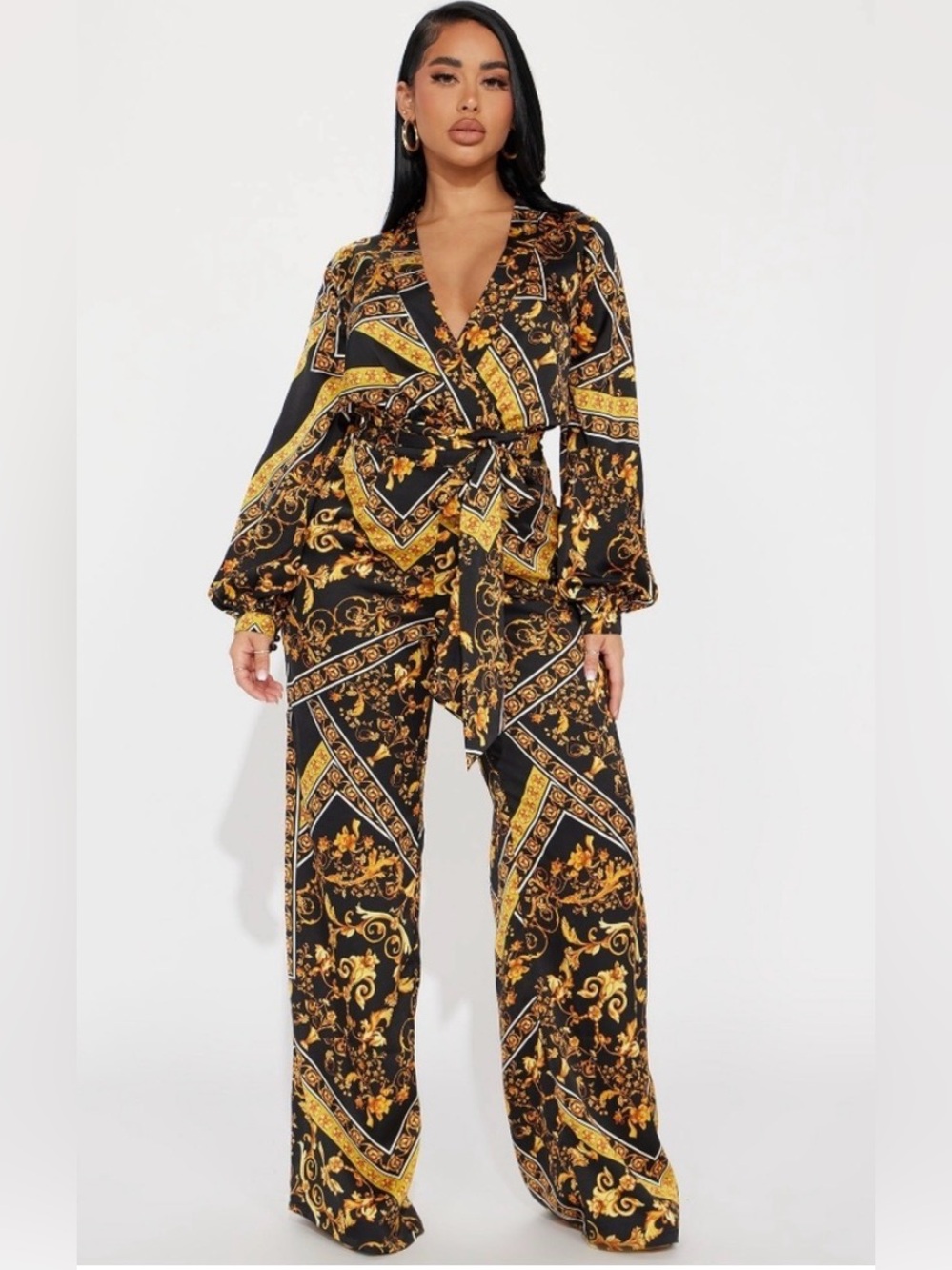 Fashion Nova Black & Gold Baroque Wrap Jumpsuit